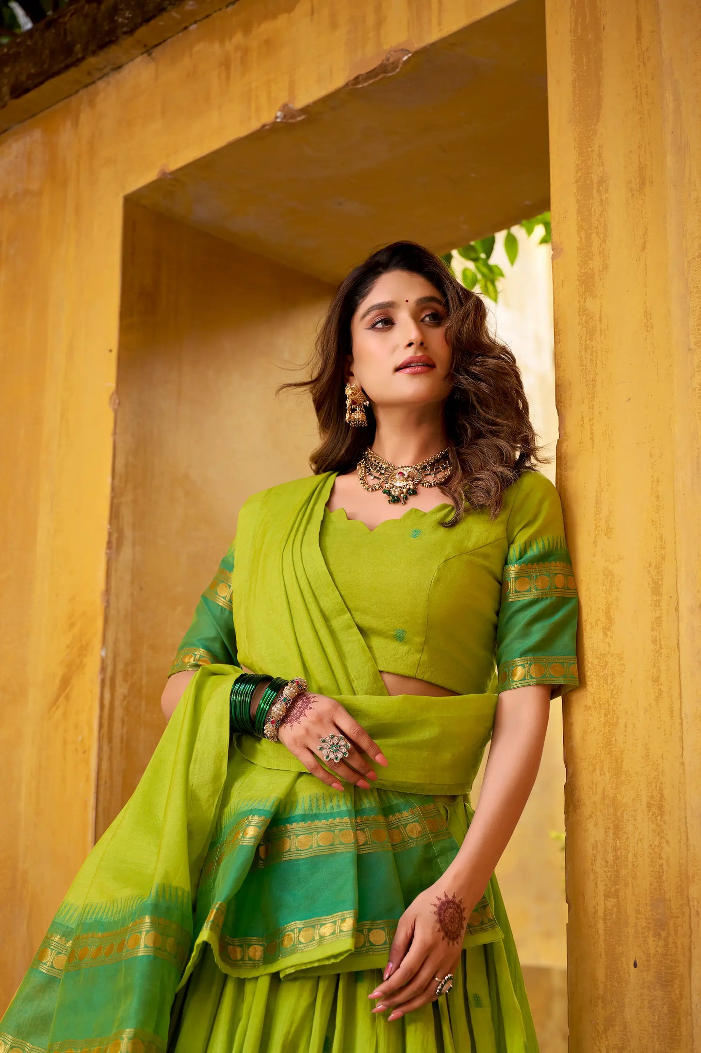 Parrot Green Chanderi Zari Weaving Lehenga Choli