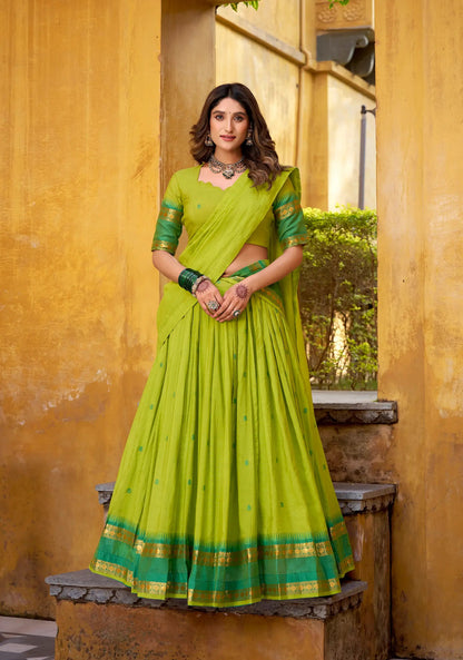 Parrot Green Chanderi Zari Weaving Lehenga Choli