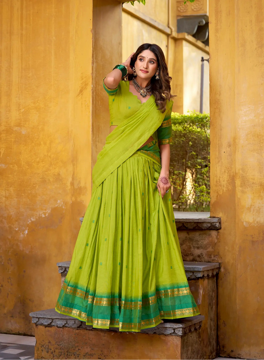 Parrot Green Chanderi Zari Weaving Lehenga Choli