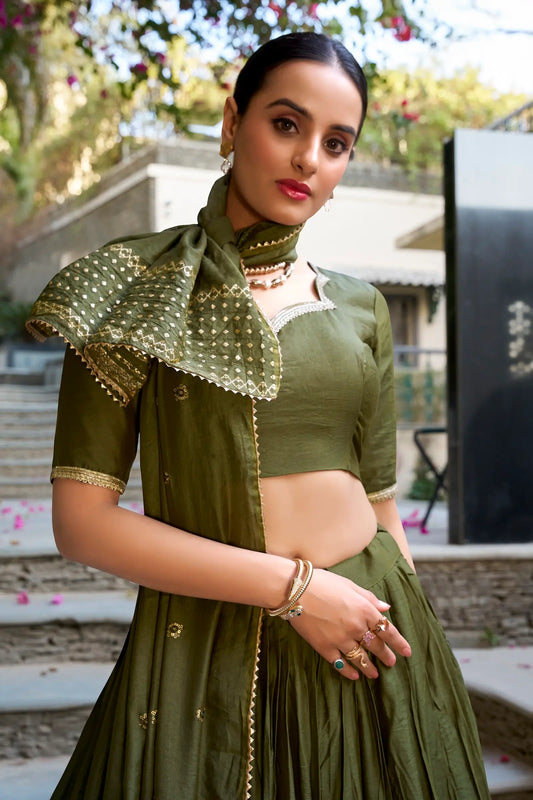 Olive Green Chanderi Silk Zari Weaving Lehenga Choli