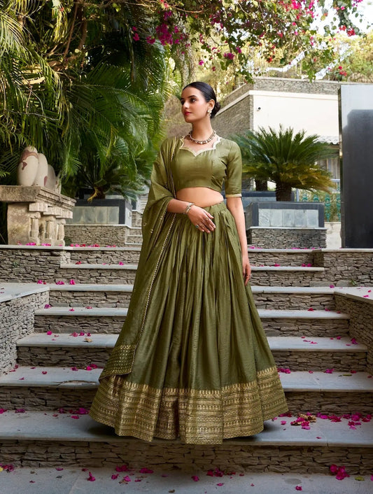 Olive Green Chanderi Silk Zari Weaving Lehenga Choli