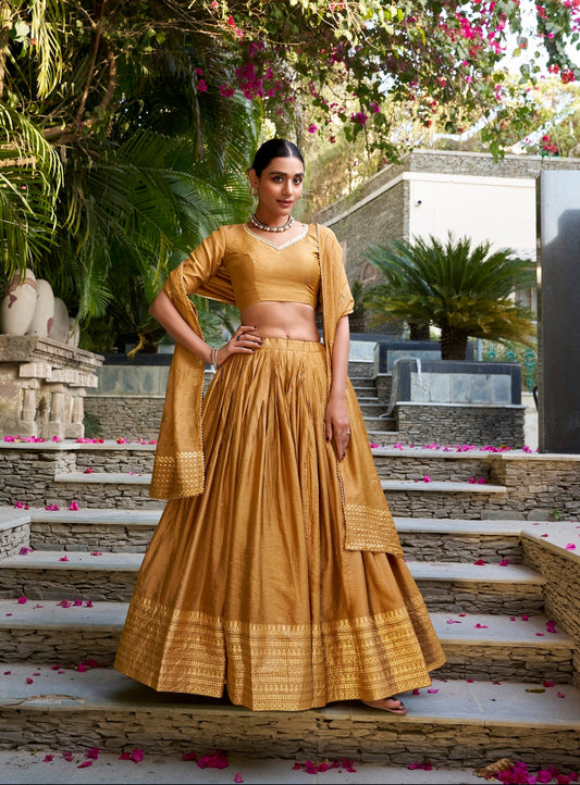 Light Mustard Chanderi Silk Zari Weaving Lehenga Choli