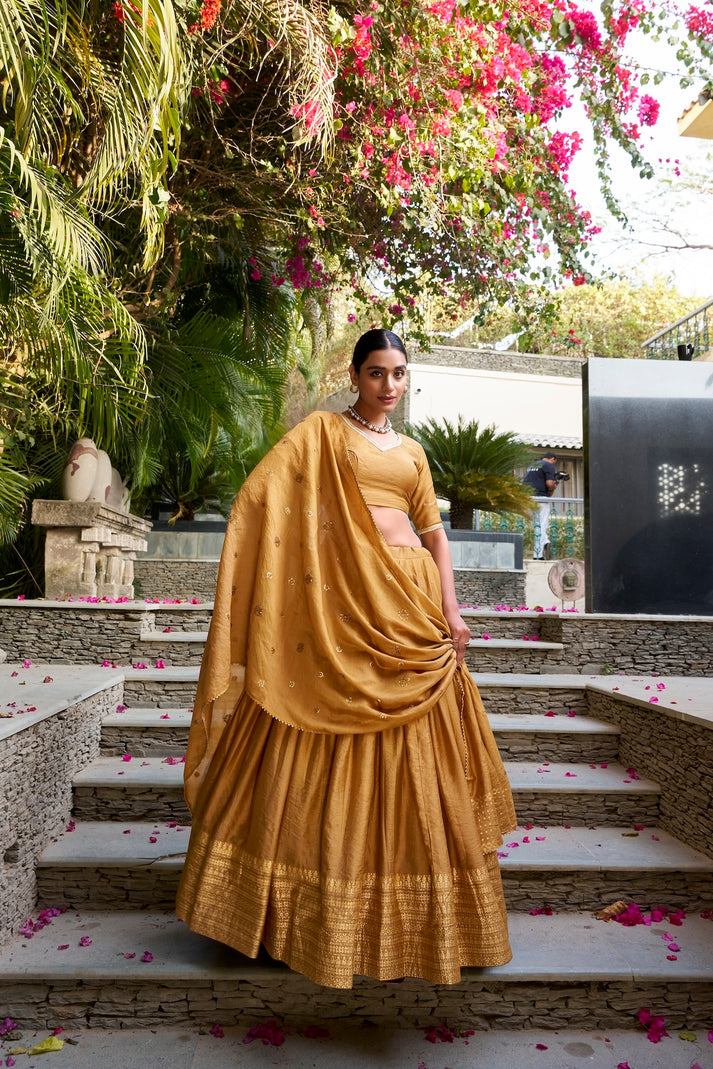 MUSTARD COLOR FLORAL PRINT WITH FOIL WORK VISCOSE CHANDERI LEHENGA CHOLI