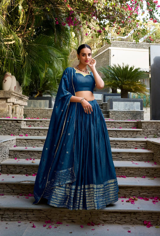 Navy Blue Chanderi Silk Zari Weaving Lehenga Choli