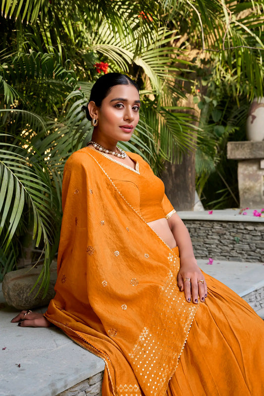 Dusty Orange Chanderi Silk Zari Weaving Lehenga Choli