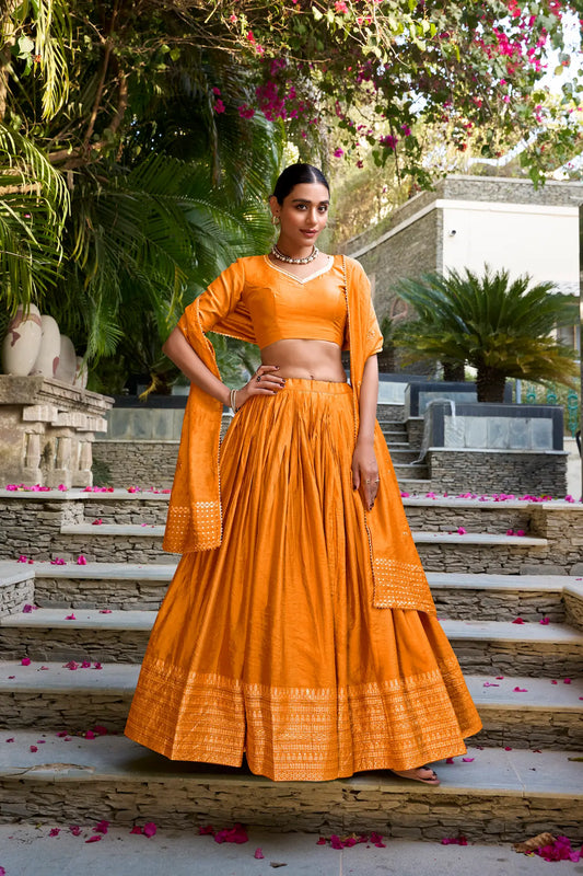 Dusty Orange Chanderi Silk Zari Weaving Lehenga Choli