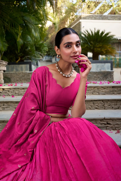 Hot Pink Chanderi Silk Zari Weaving Lehenga Choli