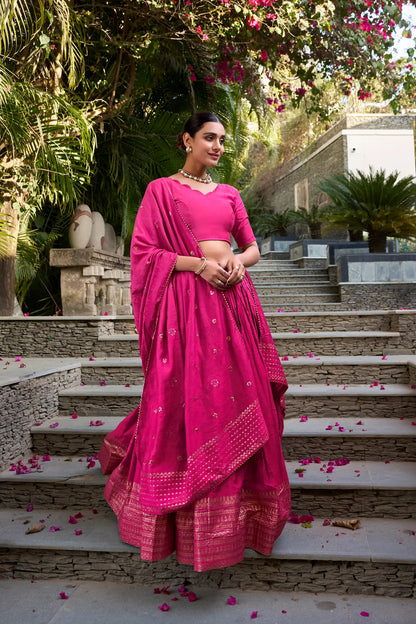 Hot Pink Chanderi Silk Zari Weaving Lehenga Choli