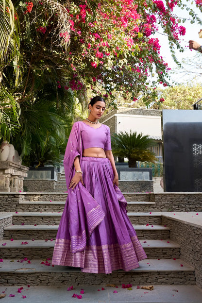 Lavender Chanderi Silk Zari Weaving Lehenga Choli