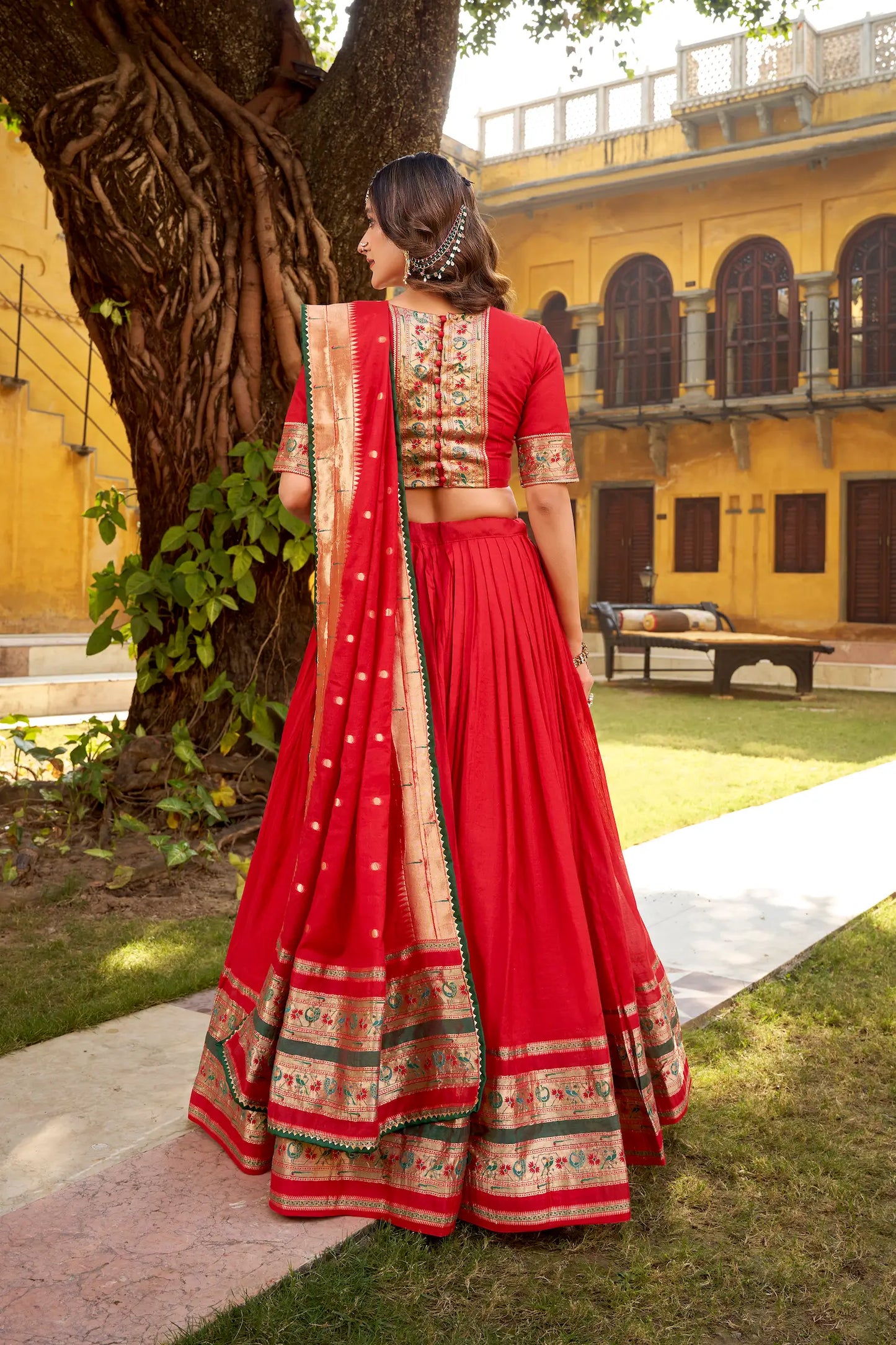 Hot Red Chanderi Zari Weaving Lehenga choli