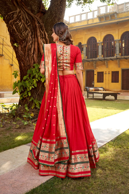 Hot Red Chanderi Zari Weaving Lehenga choli