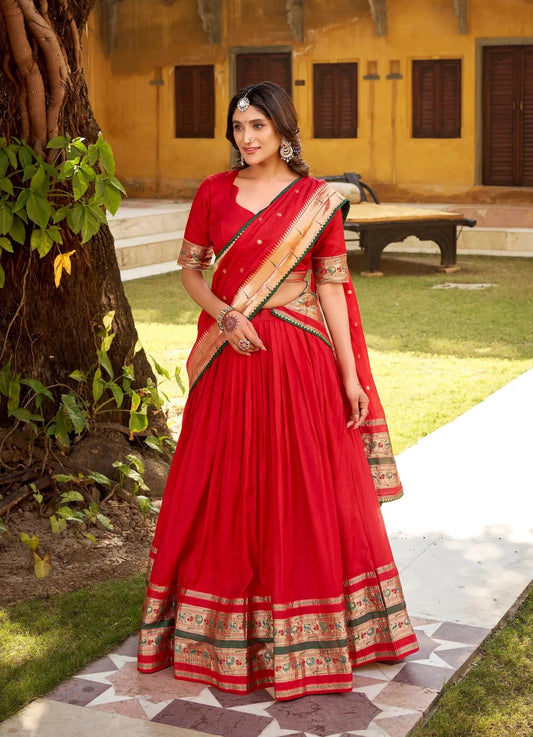 Hot Red Chanderi Zari Weaving Lehenga choli
