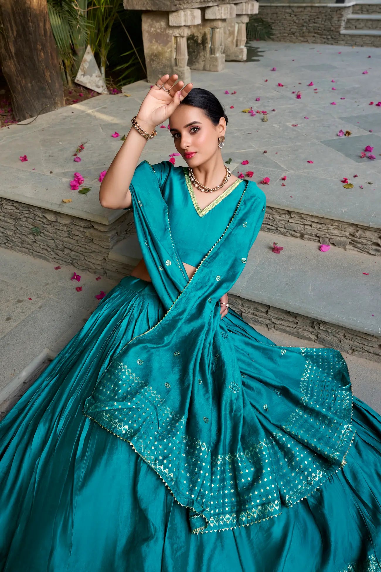Teal Blue Chanderi Silk Zari Weaving Lehenga Choli