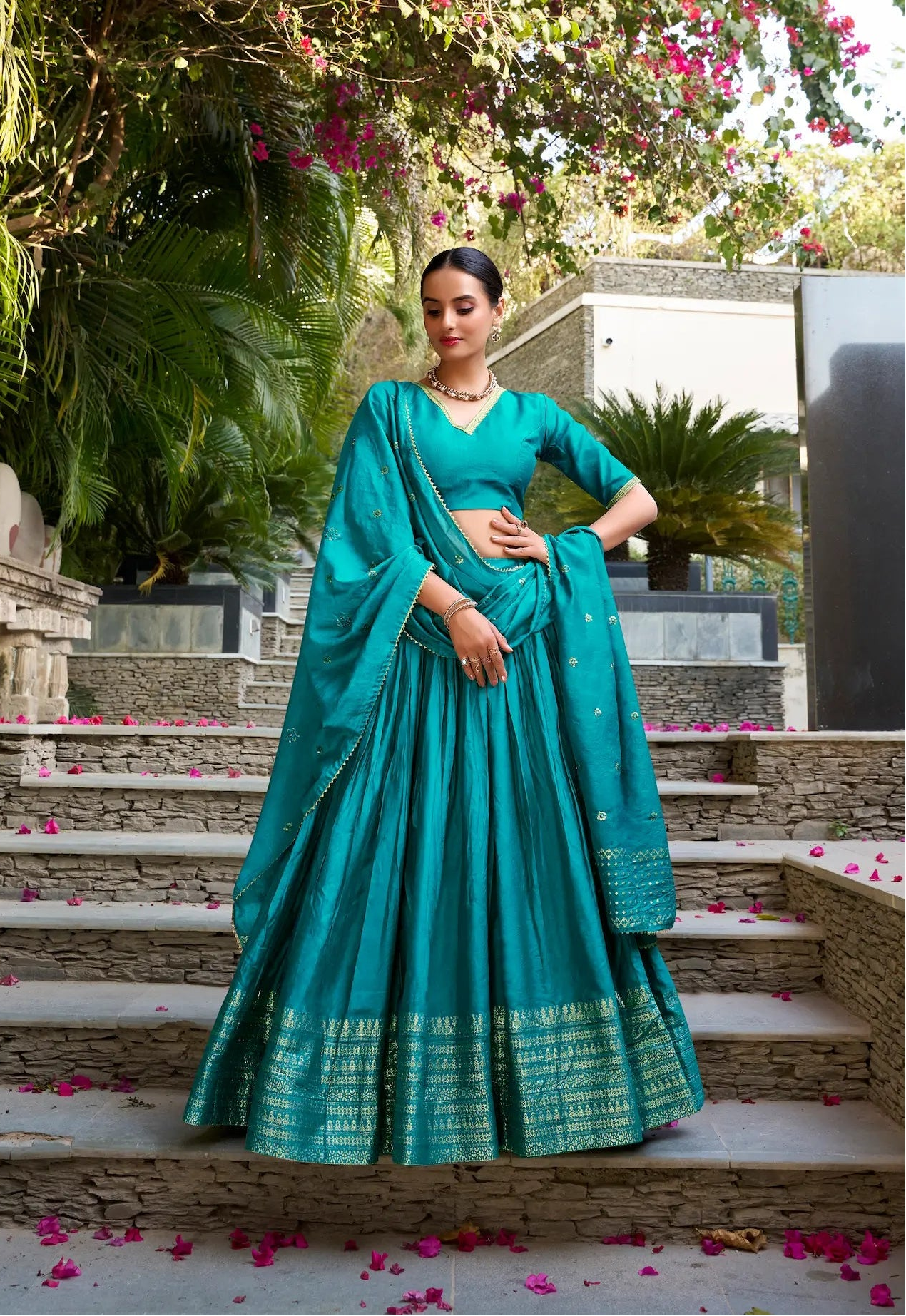 Teal Blue Chanderi Silk Zari Weaving Lehenga Choli