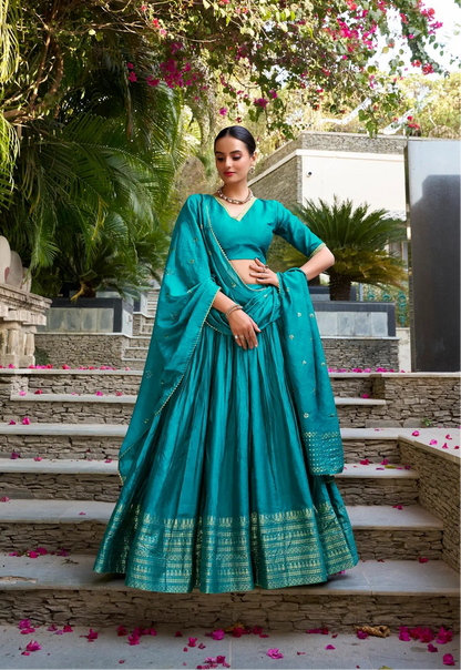 Teal Blue Chanderi Silk Zari Weaving Lehenga Choli