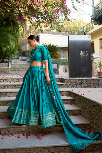 Teal Blue Chanderi Silk Zari Weaving Lehenga Choli
