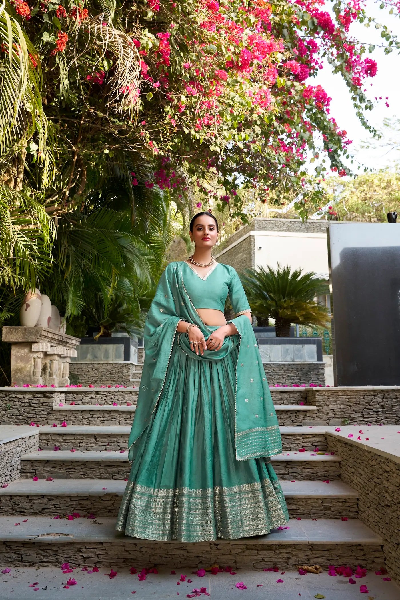 Sea Green Chanderi Silk Zari Weaving Lehenga Choli