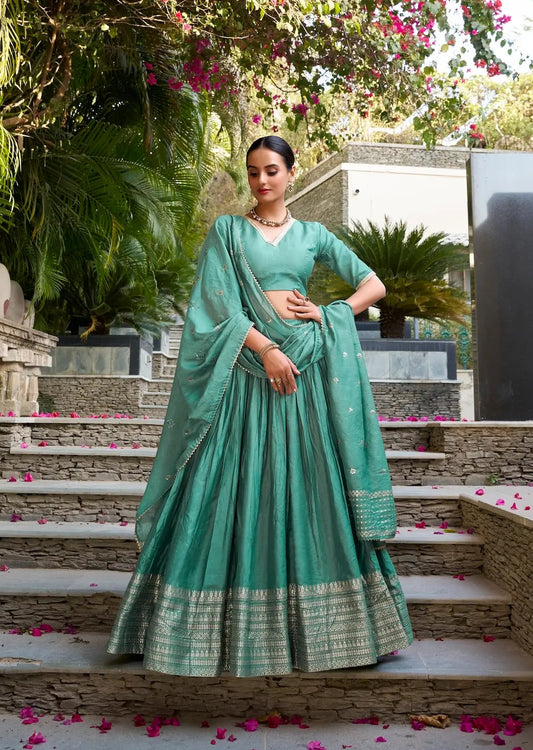 Sea Green Chanderi Silk Zari Weaving Lehenga Choli