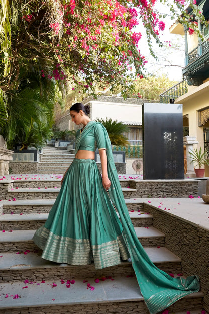 Sea Green Chanderi Silk Zari Weaving Lehenga Choli