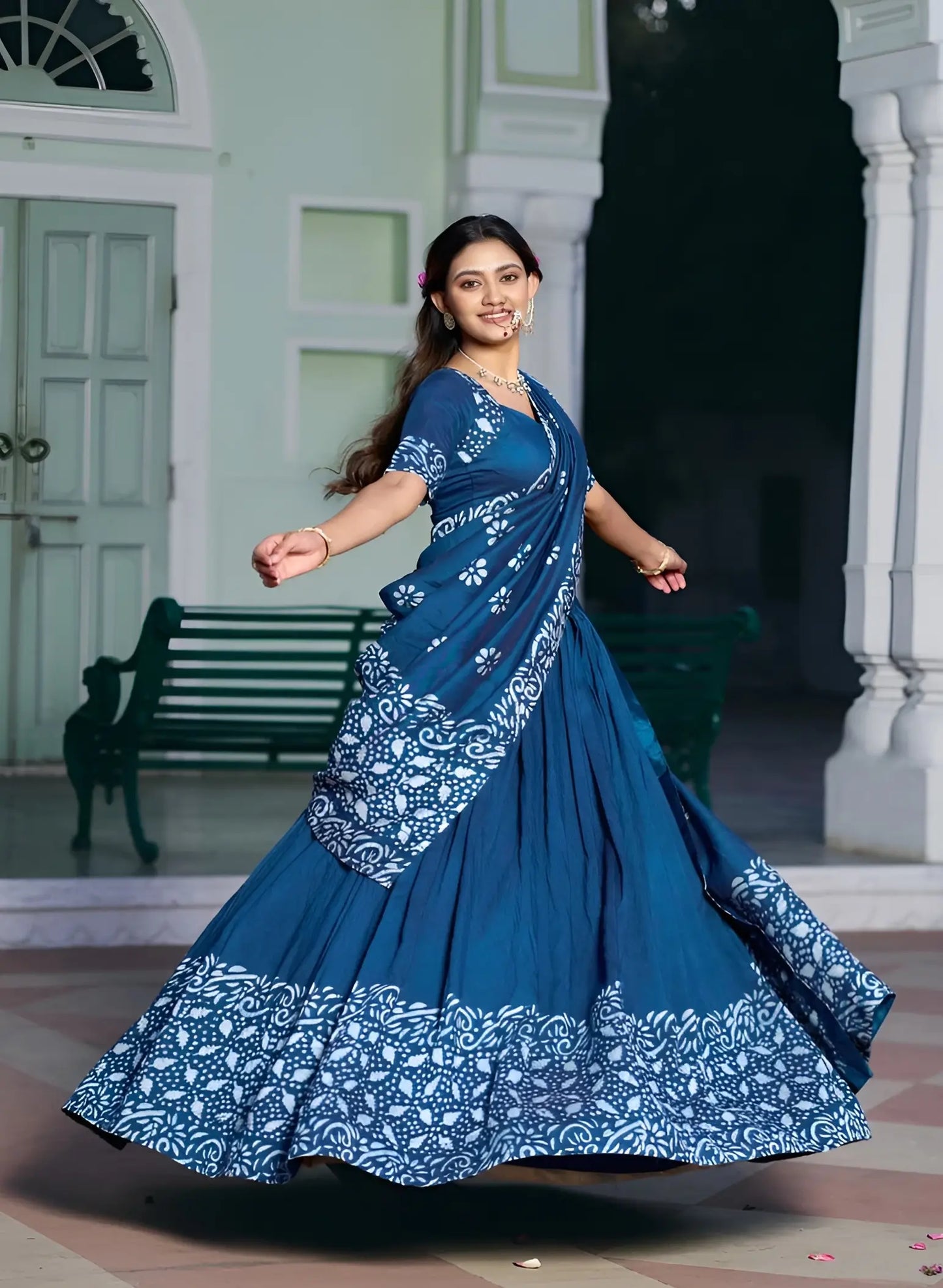 Navy Blue Chanderi Batik Print Lehenga Choli