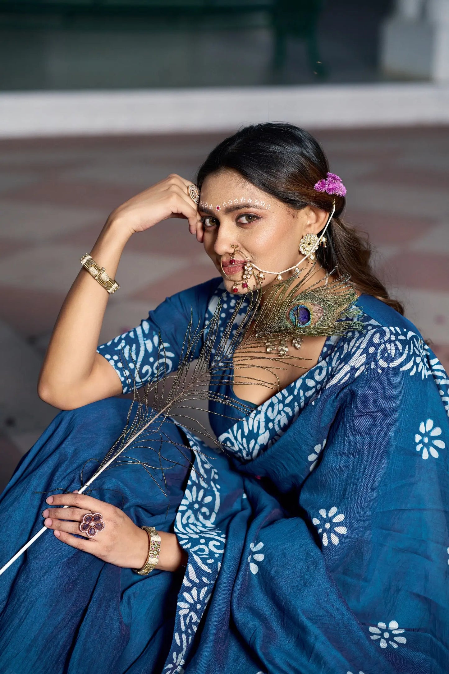 Navy Blue Chanderi Batik Print Lehenga Choli