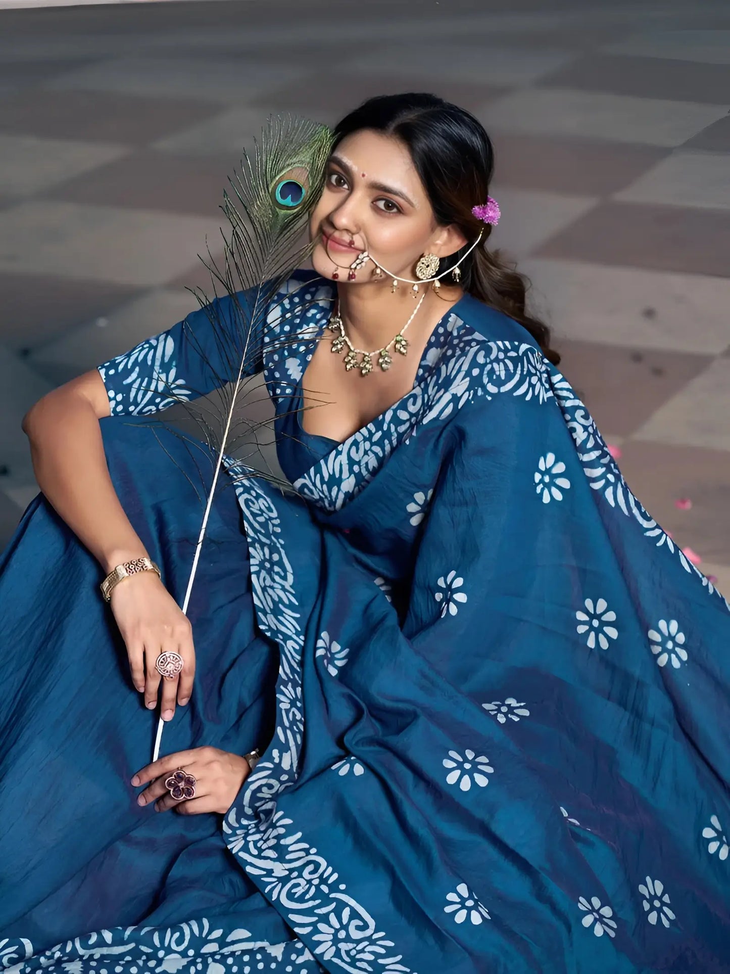Navy Blue Chanderi Batik Print Lehenga Choli