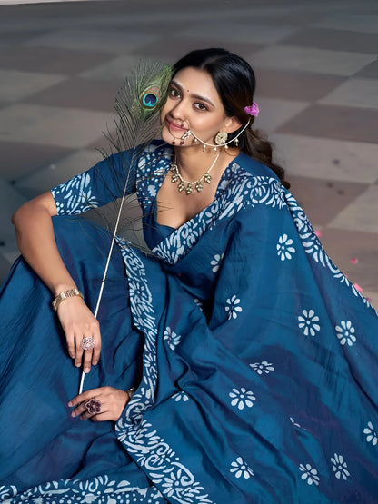 Navy Blue Chanderi Batik Print Lehenga Choli