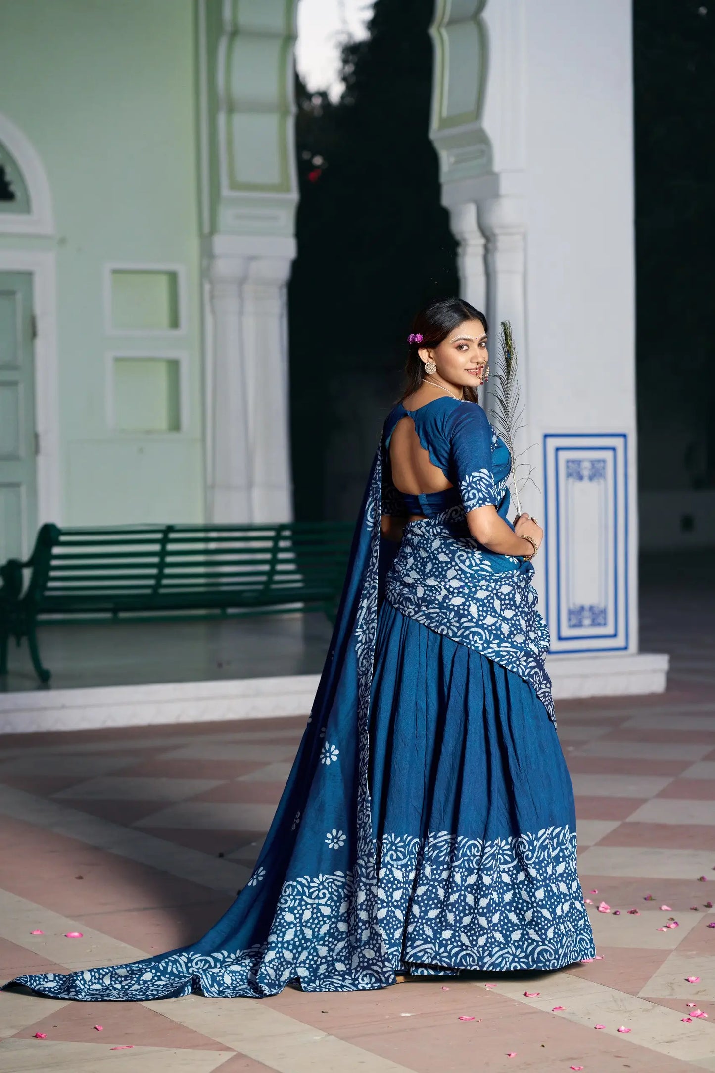 Navy Blue Chanderi Batik Print Lehenga Choli
