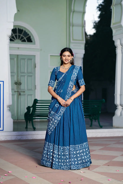 Navy Blue Chanderi Batik Print Lehenga Choli