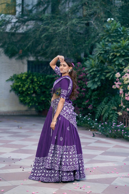 Royal Purple Chanderi Batik Print Lehenga Choli