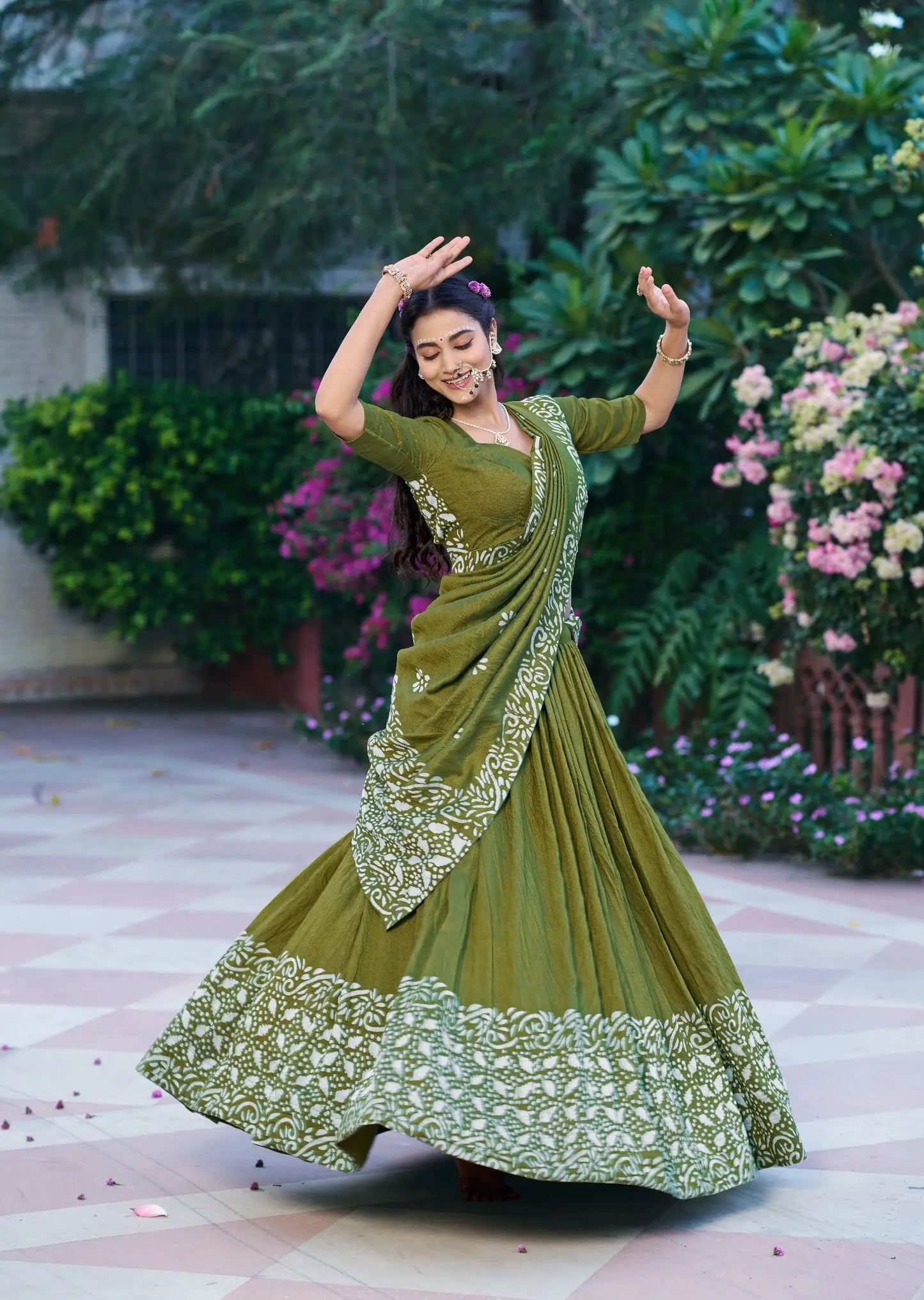 Parrot Green Chanderi Batik Print Lehenga Choli
