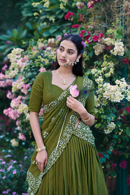 Parrot Green Chanderi Batik Print Lehenga Choli