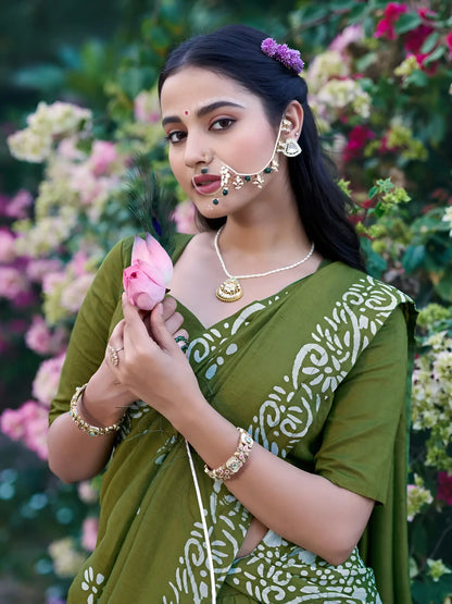 Parrot Green Chanderi Batik Print Lehenga Choli