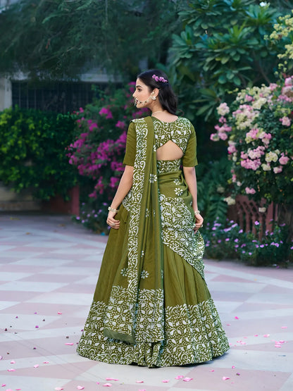 Parrot Green Chanderi Batik Print Lehenga Choli