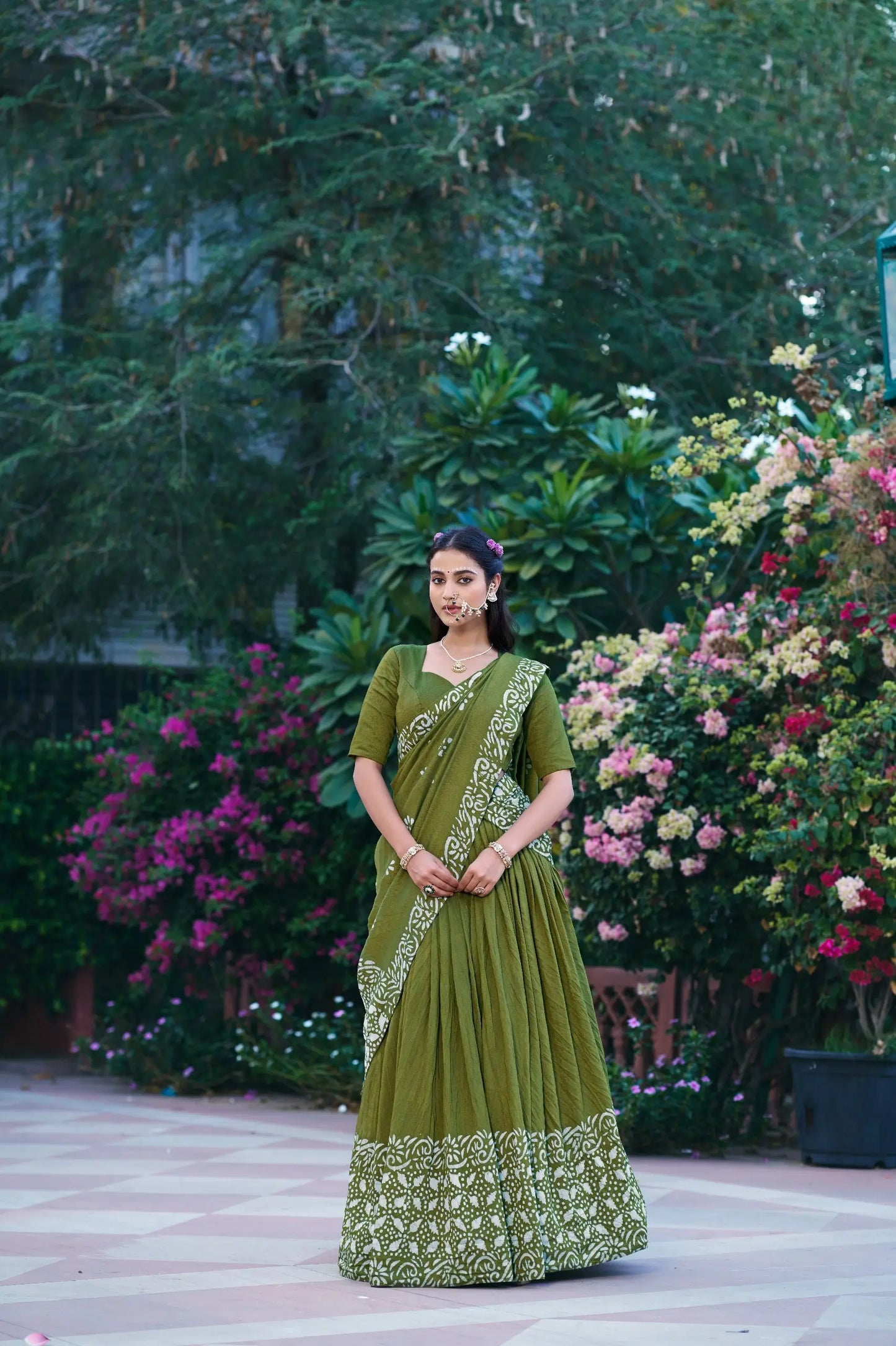 Parrot Green Chanderi Batik Print Lehenga Choli