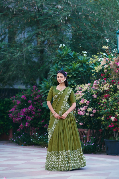 Parrot Green Chanderi Batik Print Lehenga Choli