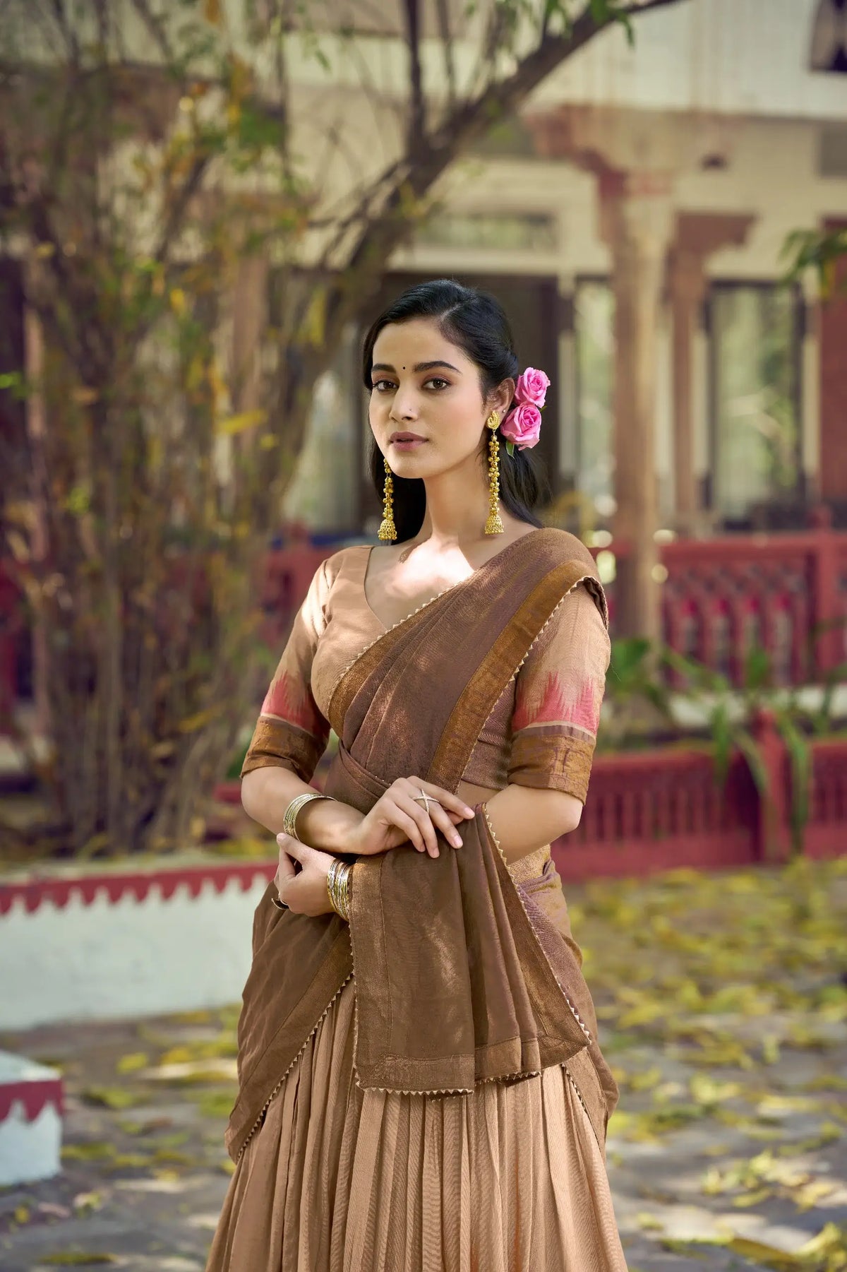 Sand Beige South Indian Half Saree Lehenga