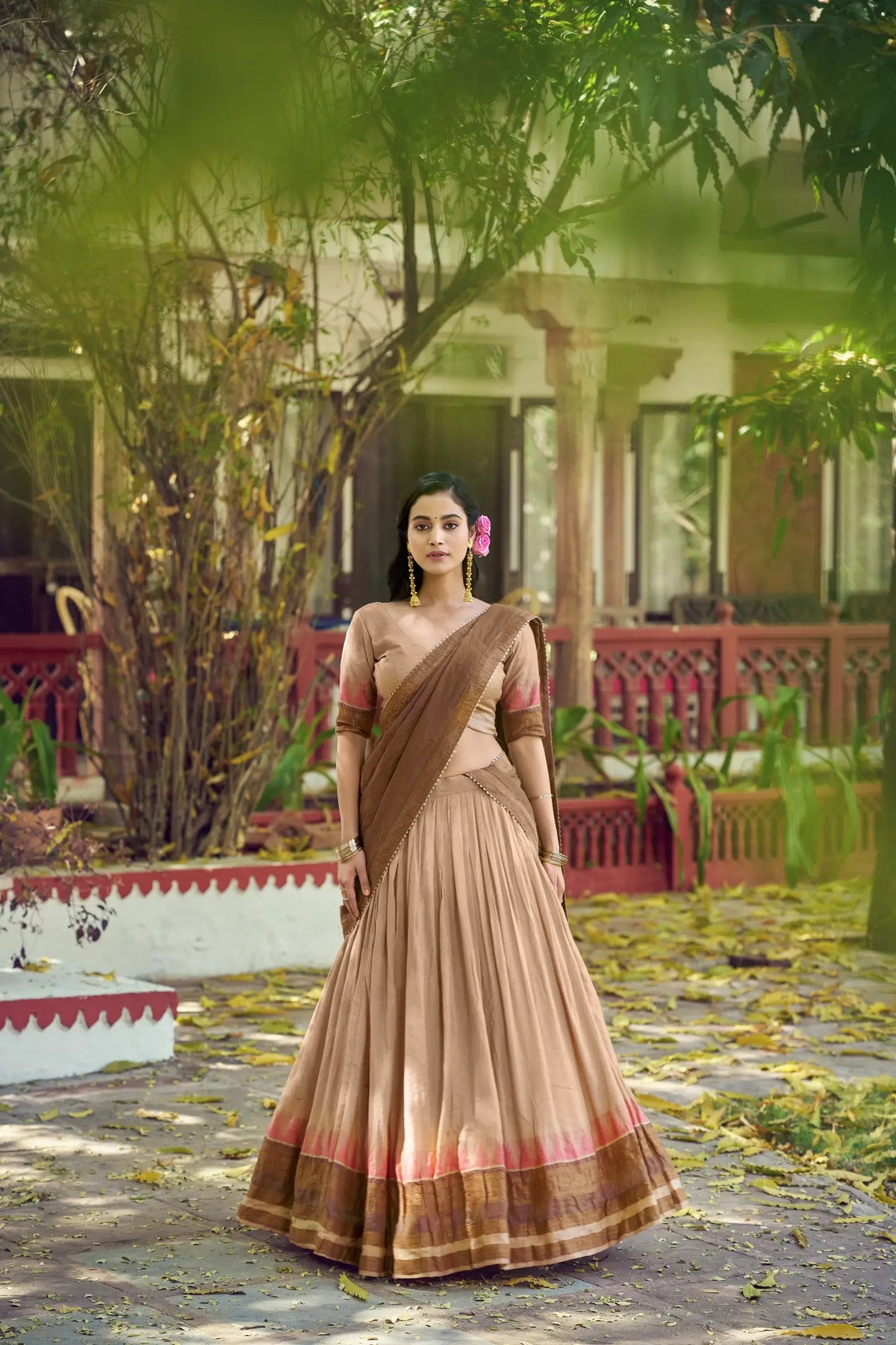 Sand Beige South Indian Half Saree Lehenga