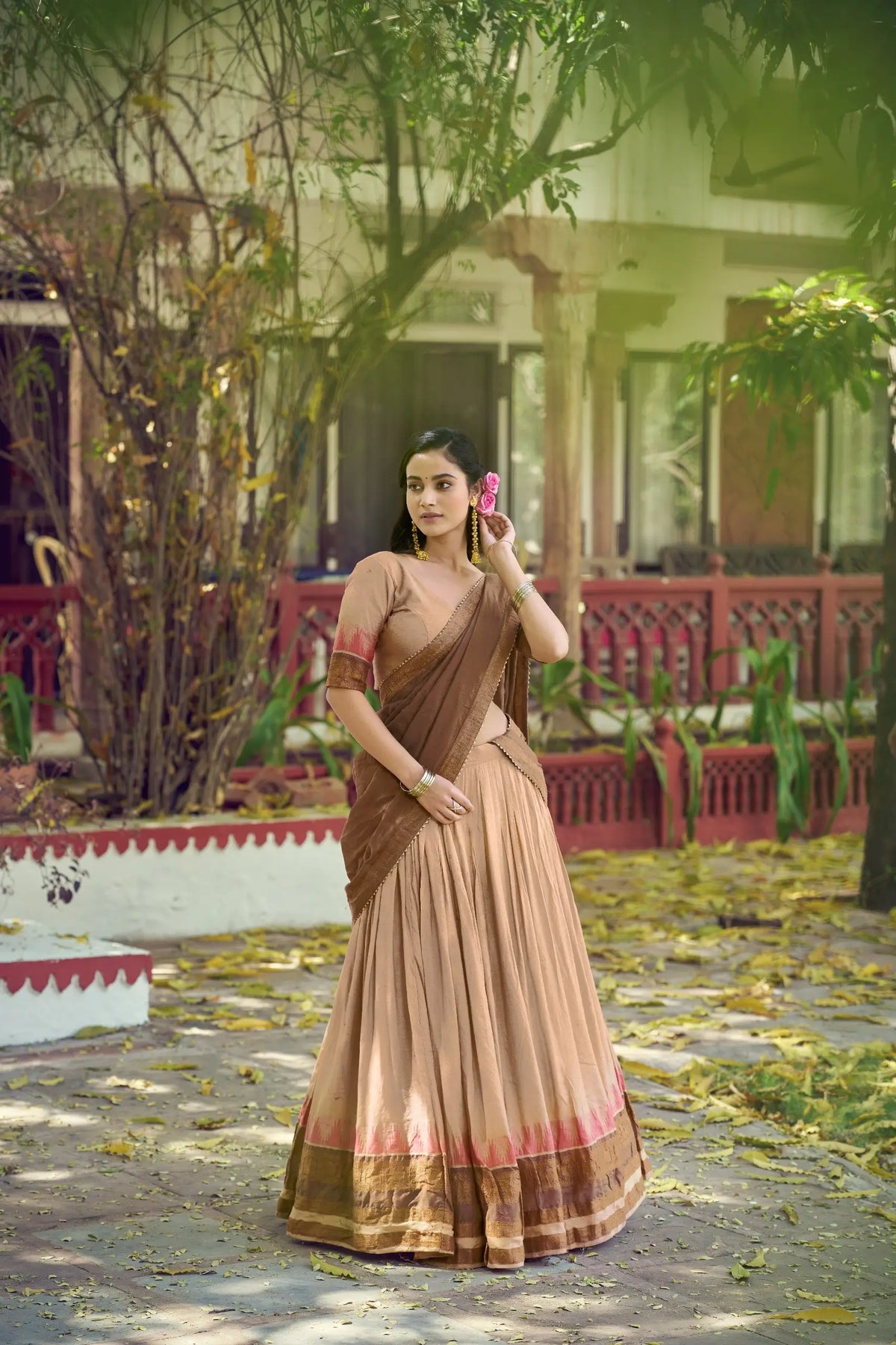 Sand Beige South Indian Half Saree Lehenga