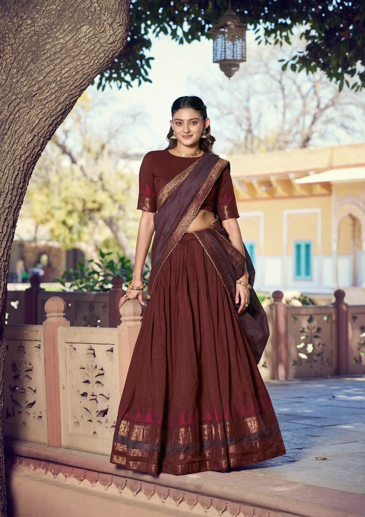 Dark Maroon South Indian Half Saree Lehenga