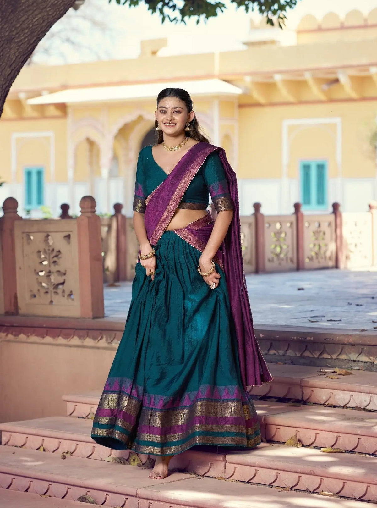 Dark Teal South Indian Half Saree Lehenga