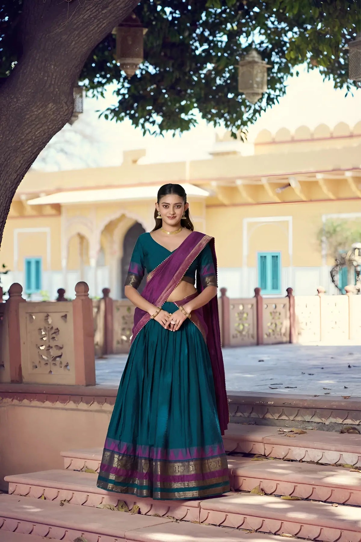 Dark Teal South Indian Half Saree Lehenga