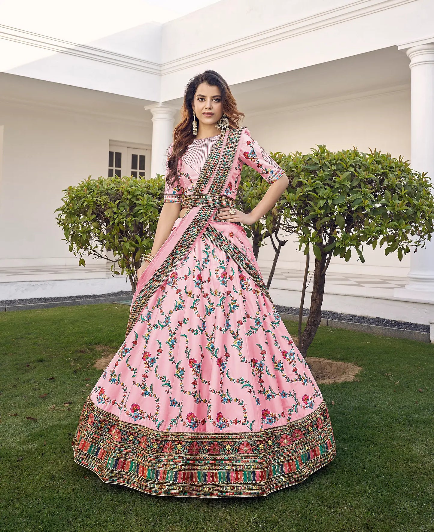 Pink Silk Thread with Sequence Embroidery Work Lehenga Choli