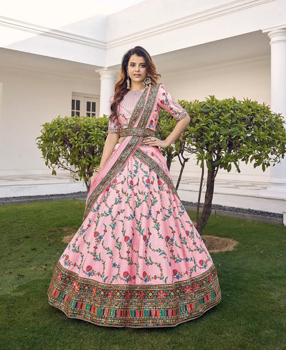 Pink Silk Thread with Sequence Embroidery Work Lehenga Choli