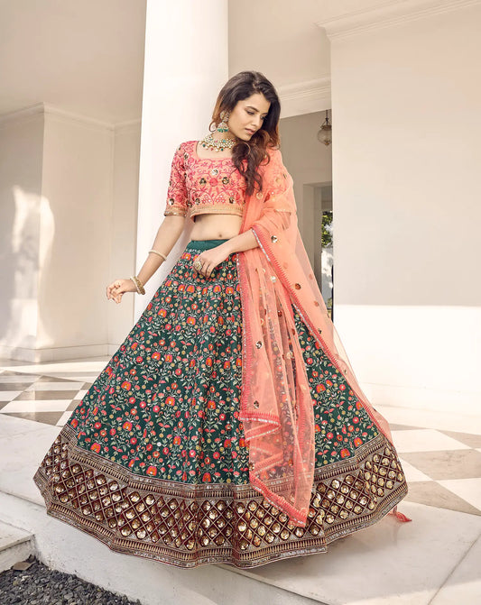 Green Art Silk Thread with Sequence Embroidery Work Lehenga Choli
