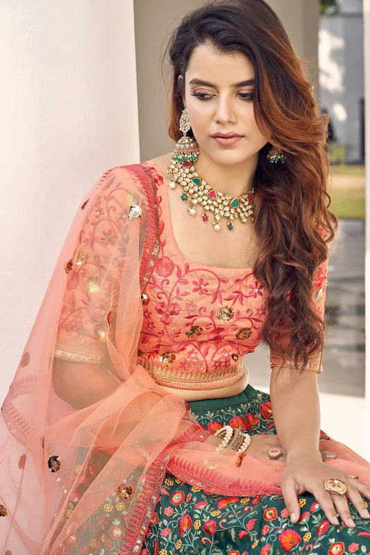 Green Art Silk Thread with Sequence Embroidery Work Lehenga Choli