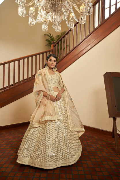 Beige Thread, Zari, Sequins Embroidered Lehenga Choli And Digital Print Dupatta