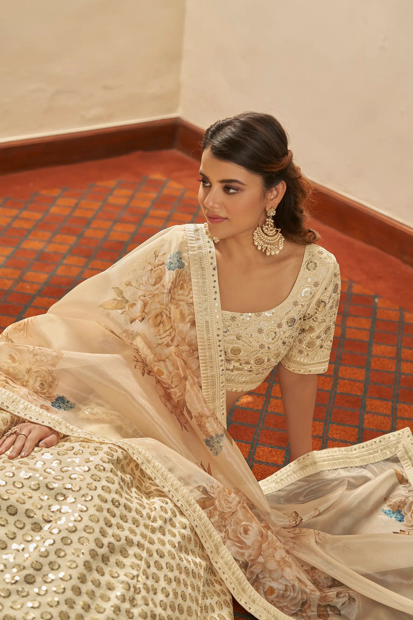 Beige Thread, Zari, Sequins Embroidered Lehenga Choli And Digital Print Dupatta