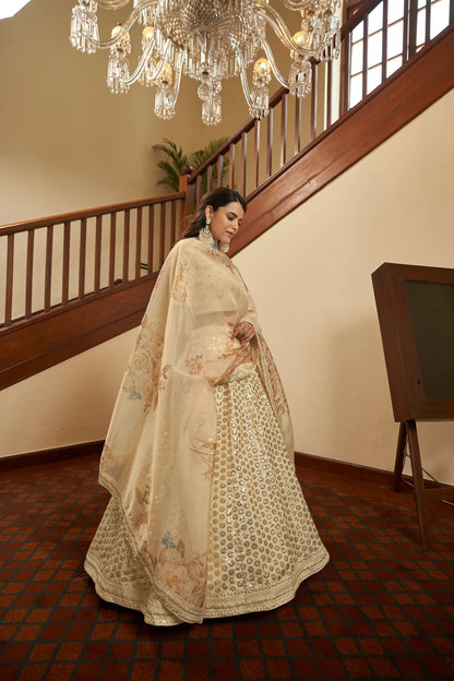 Beige Thread, Zari, Sequins Embroidered Lehenga Choli And Digital Print Dupatta