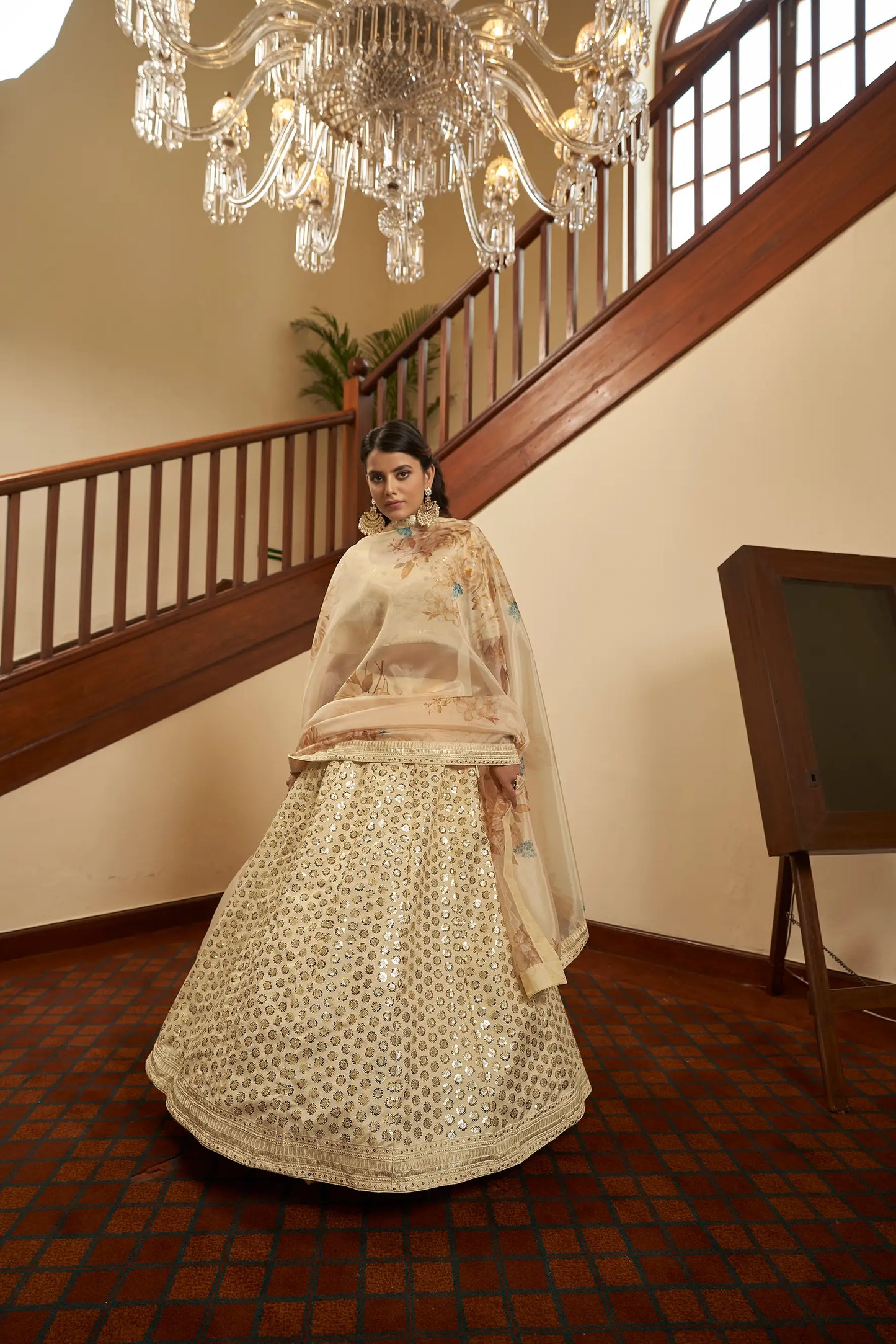 Beige Thread, Zari, Sequins Embroidered Lehenga Choli And Digital Print Dupatta